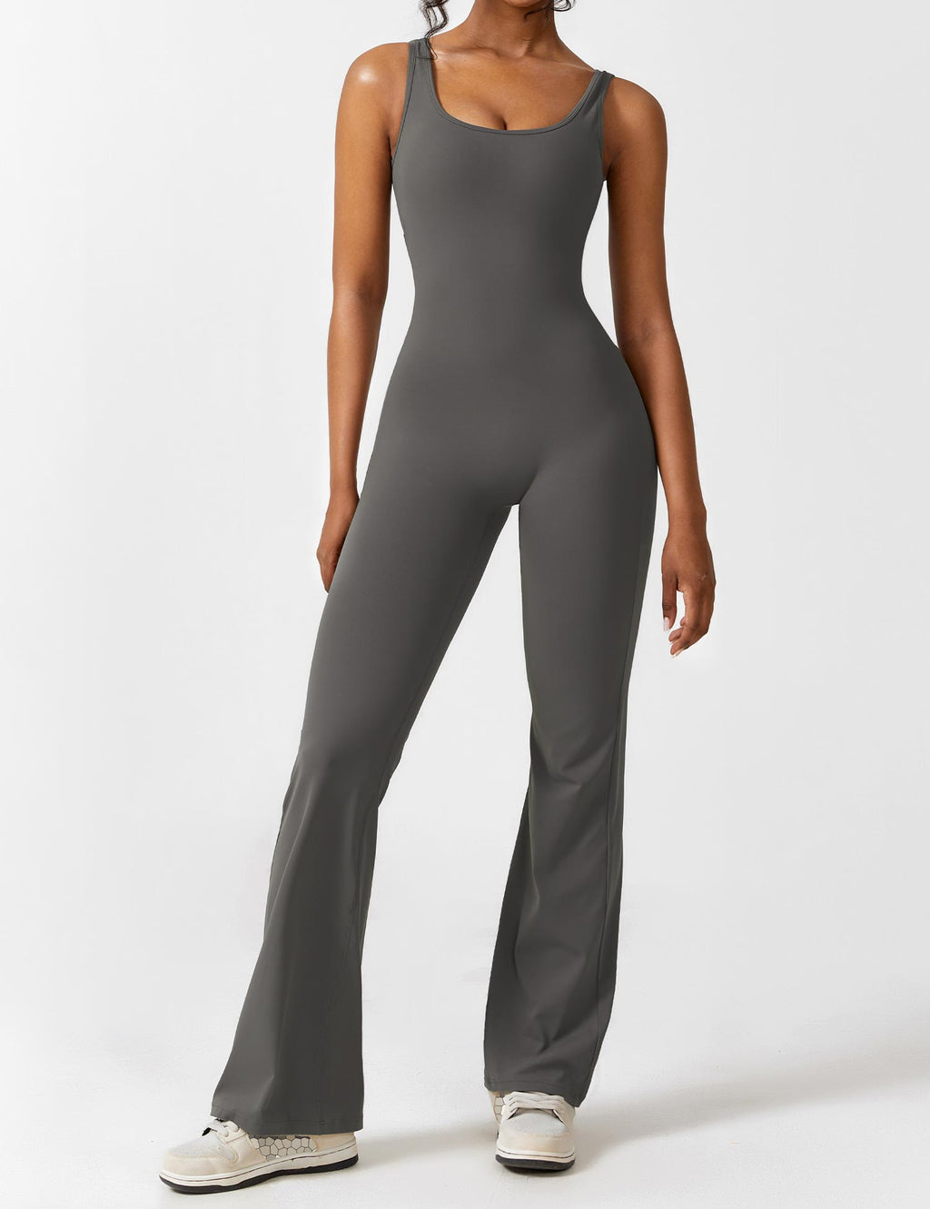 Stretch Open Back Flared Leg Athletic Jumpsuit for Women | Yoga Activewear