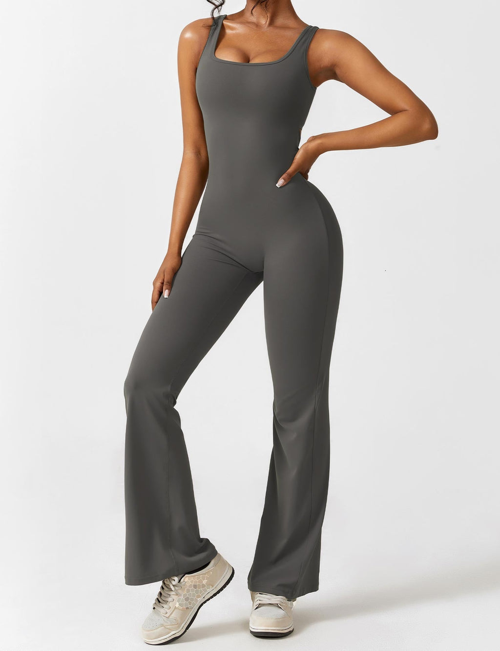 Stretch Open Back Flared Leg Athletic Jumpsuit for Women | Yoga Activewear