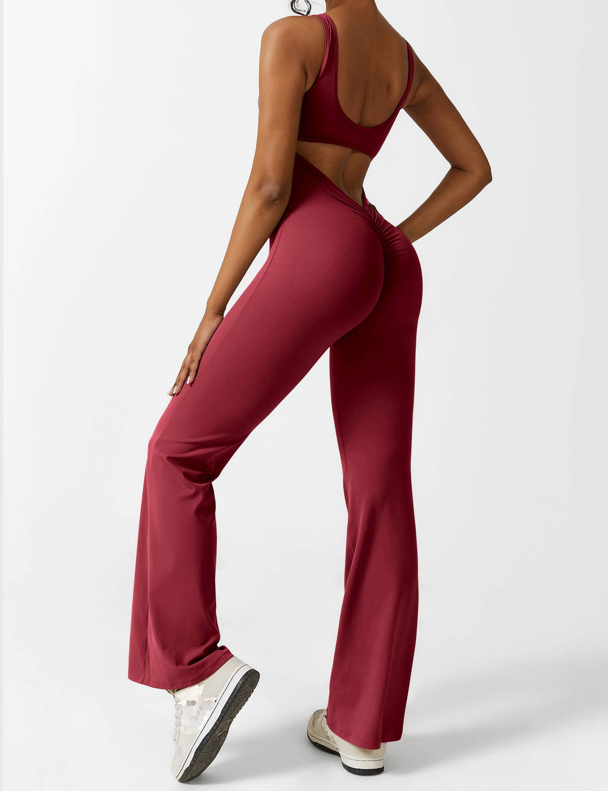 Stretch Open Back Flared Leg Athletic Jumpsuit for Women | Yoga Activewear