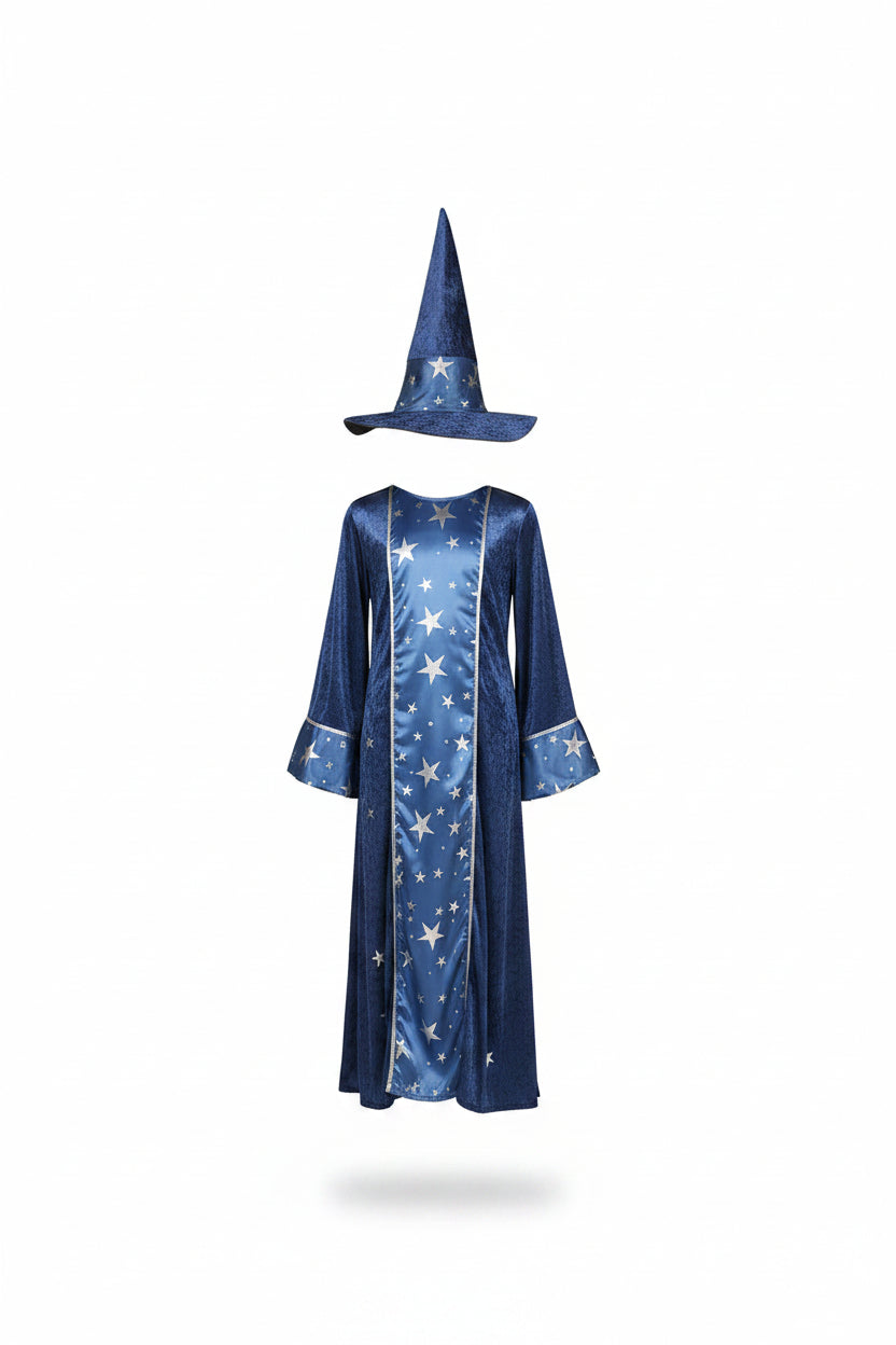Blue Silver Star Wizard Robe and Hat Costume for Boys | Halloween Fancy Dress
